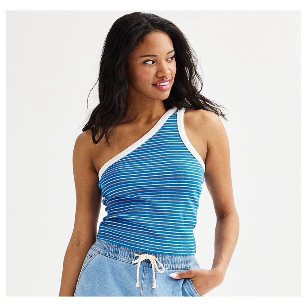 Rewind One Shoulder Knit Tank Top Junior's Size XL Blue